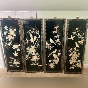 4 Gorgeous Vintage Laquered Asian/Oriental Bird & Floral Motif Mother of Pearl